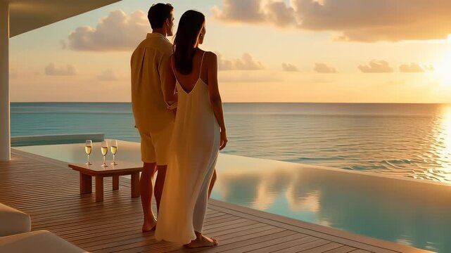 Travel destination featuring a romantic White couple in their 30s enjoying a luxury vacation, watching the sunset from a private villa with an infinity pool overlooking the ocean.
