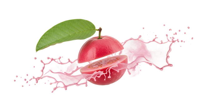 A detailed capture of a fresh ripe pink guava sliced in half, creating a vibrant and dynamic splash of juice isolated on a white background