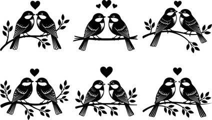 Romantic bird couples on branches with hearts, love birds silhouette vector illustration, nature romance design, adorable bird pair artwork for Valentine and wedding themes