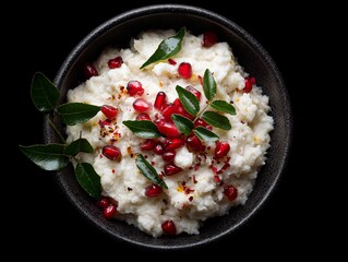 Overhead shot of curd rice, a south indian dish, garnished with pomegranate seeds and curry leaves in a bowl against a dark background, top view