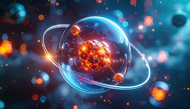Atomic structure rendering with glowing nucleus, orbiting particles, and bokeh highlights against a dark, smoky backdrop