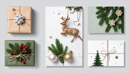 A neatly arranged holiday flatlay featuring wrapped gift boxes, evergreen branches, ornaments, and a golden reindeer figurine placed on a clean, bright surface.