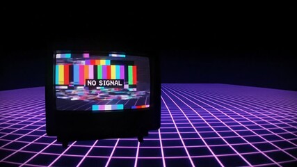 Retro TV's Static Signal: An old TV sits on a purple grid, displaying a NO SIGNAL message, evocative of vintage technology and times. This image is perfect for anyone seeking a retro.