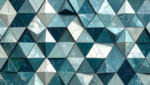 Geometric Mosaic: A striking display of geometric artistry, featuring a mosaic composed of meticulously arranged triangular tiles in shades of blue, offering a captivating play of texture, light.
