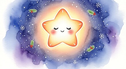 A cute star with rosy cheeks surrounded by snowflakes and christmas greenery on watercolor background