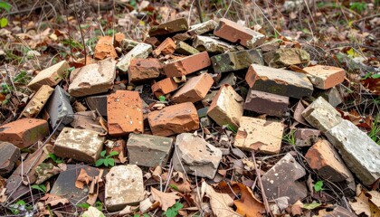 Pile of Bricks: A chaotic assortment of weathered bricks lies scattered on the ground, revealing their rugged textures and earthy tones amid fallen leaves.