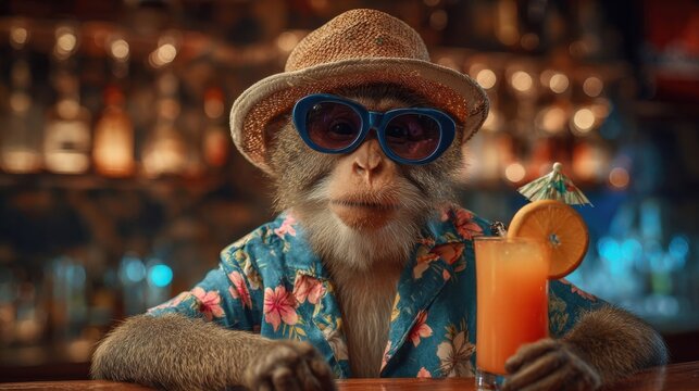 A playful monkey sits at a bar, wearing a straw hat and sunglasses. It holds a colorful drink with an umbrella, surrounded by bright lights and bottles in the background.
