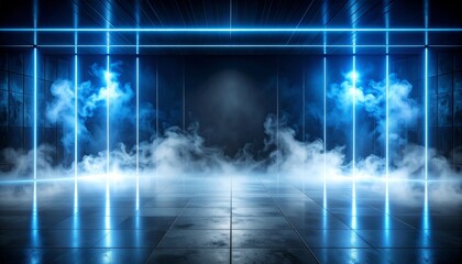 Abstract Neon Lit Interior: A captivating futuristic interior bathed in an ethereal neon glow, with lines of radiant blue light dancing across a sleek, reflective surface.