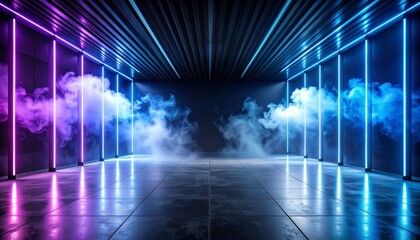 Neon-lit Venue with Vaporous Ambiance: An awe-inspiring perspective of an enclosed area featuring a sophisticated interplay of blue and pink neon lights.