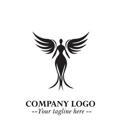 Elegant Angel Woman Silhouette Logo Symbol on White Background