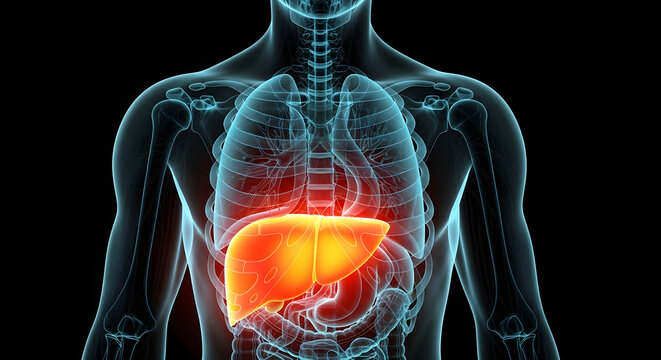3D Medical Illustration of Diseased Human Liver with Red Glow in X-Ray Torso.