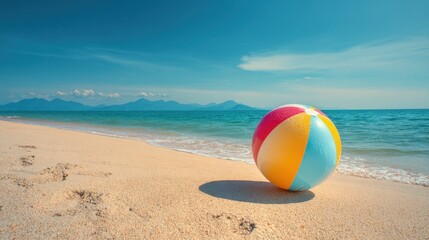 A colorful beach ball sits on warm golden sand at the edge of a serene ocean. The vibrant colors contrast with the blue water and clear sky on a sunny day. Waves gently lap the shore.