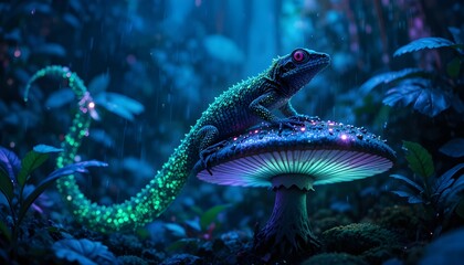 Enchanted glowing lizard resting on a magical mushroom in a vibrant forest, perfect for fantasy lovers and nature enthusiasts seeking whimsical beauty UV tail 
