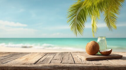 Obraz premium Bright coconuts rest on a wooden table in front of a serene beach. Gentle waves lapping the shore and a touch of palm leaves create a calm and inviting atmosphere.