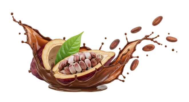 Fresh Cocoa Pod Splashing into Rich Chocolate with Scattered Beans