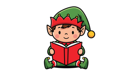 Cute cartoon Christmas elf character sitting and reading a red book.