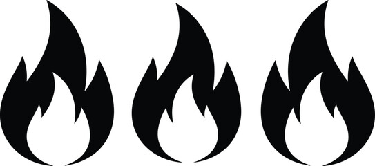 Three black fire flame icons set, hot burn silhouette symbol vector illustration isolated white
