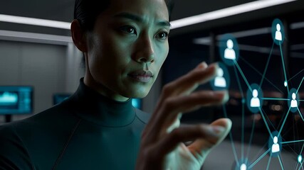 A professional East Asian woman in a dark office interacts with a futuristic holographic user icon network, symbolizing data analysis and digital connectivity. - Powered by Adobe