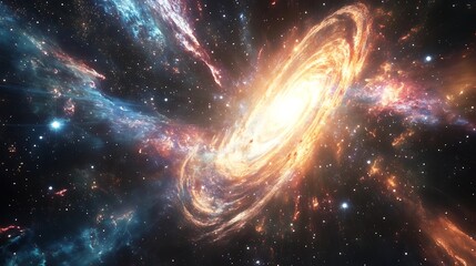 A cosmic abstract with swirling nebulae, stars, and light beams in deep space