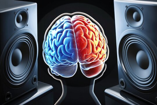 Detailed illustration of two speakers facing each other with a human brain in between