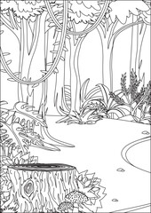 Coloring Page Forest Jungle Line Drawing Landscape Vector