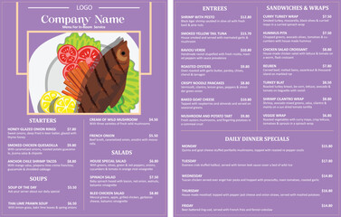 Obraz premium Restaurant Hotel Menu Template Design Purple Food Menu Card Vector