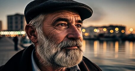 Elderly man with a thoughtful expression gazes at the waterfront during sunset, city lights twinkling - Powered by Adobe
