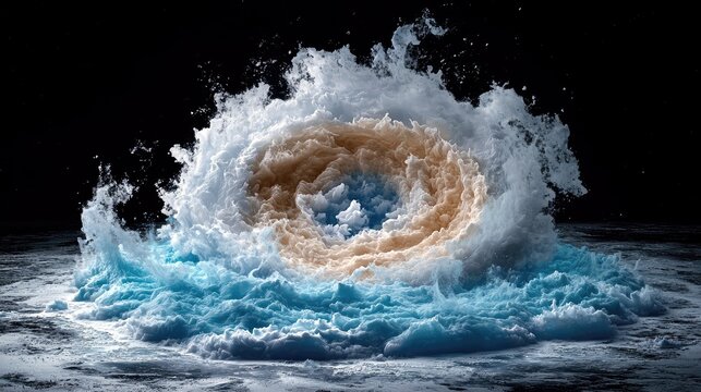 A powerful, swirling wave crashes with dynamic motion, showcasing a vortex of blue and tan foam against a dark, abstract background.