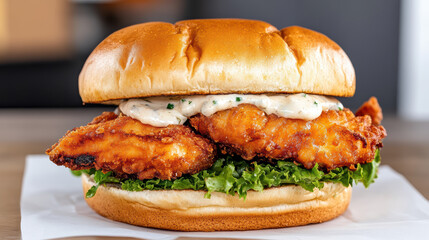 Crispy fried fish sandwich with tartar sauce and fresh lettuce on soft bun, appetizing