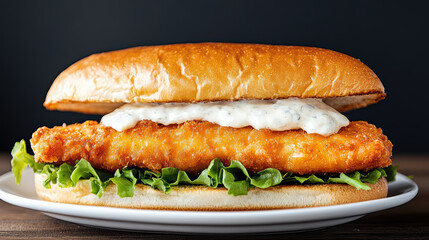 Crispy fried fish sandwich with tartar sauce and lettuce on soft bun