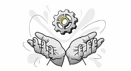 Hands holding gear wheel symbol representing teamwork and collaboration concept.