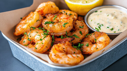 Crispy fried shrimp with tartar sauce and lemon, garnished with parsley, casual seafood comfort