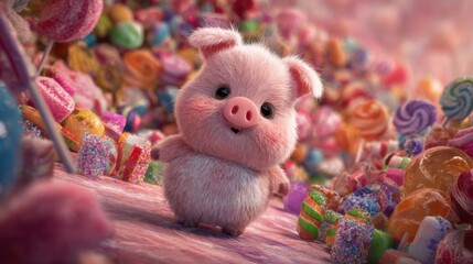 Fototapeta premium A cheerful pink pig character with a round face explores a vibrant candy land, surrounded by colorful sweets and treats. The playful scene is filled with various candies.