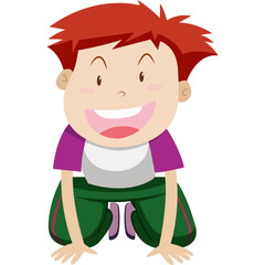 Smiling young boy with spiky red hair wearing a purple and white shirt and green pants crouching down on a transparent background a playful cartoon illustration