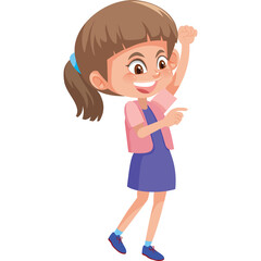 Smiling Young Girl In A Purple Dress And Pink Vest Dances Joyfully With One Arm Raised High In A Celebration Pose Against A Transparent Background