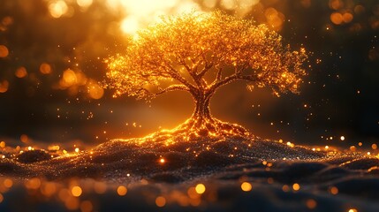 Glowing golden tree with sparkling particles and bokeh lights image