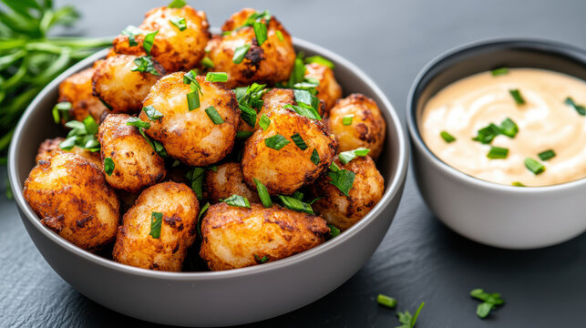 Crispy golden tater tots with chopped chive garnish served with creamy dipping sauce