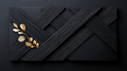 A dark, textured background features an abstract pattern of intersecting black lines, accented by a single golden branch with leaves.