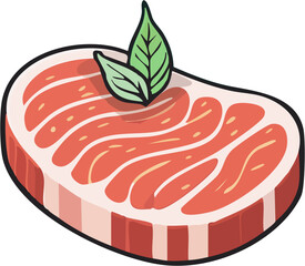 Cartoon Illustration of a Fresh Cut of Meat with Herbs.