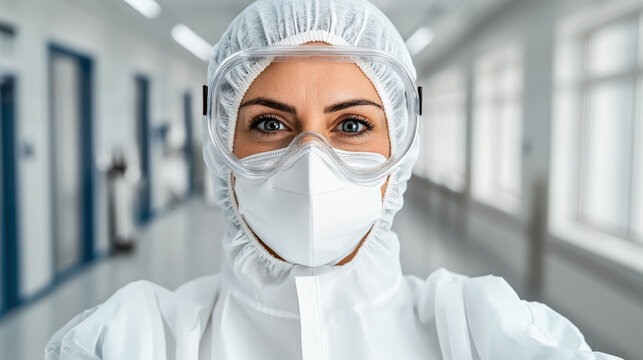 Female medical worker full protective suit and mask smiling with confident eyes hospital corridor - Powered by Adobe