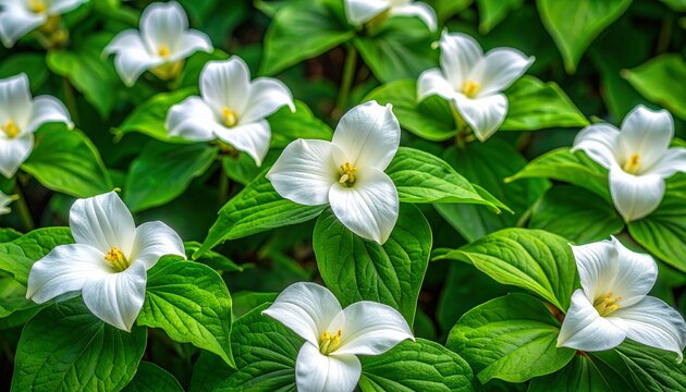 Cluster of blooming white trillium flowers with three-petaled symmetry and lush green foliage, captured in a woodland setting, emphasizing natural elegance and botanical detail
