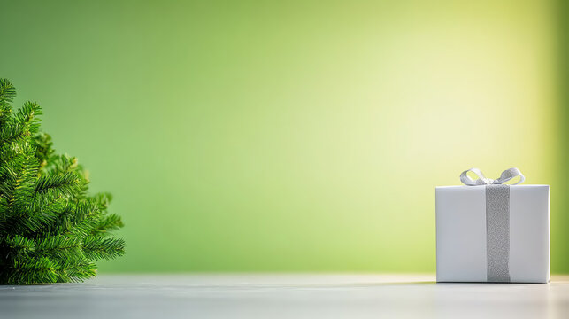 A beautifully wrapped gift box sits against a soft green background, embodying peace and joy during the festive season.