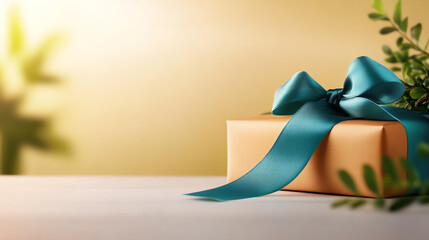 A beautifully wrapped gift box with a teal ribbon and decorative elements, perfect for celebrations and special occasions.