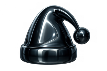 Chrome santa hat in black metallic finish and glossy texture, modern festive holiday season concept on transparent background