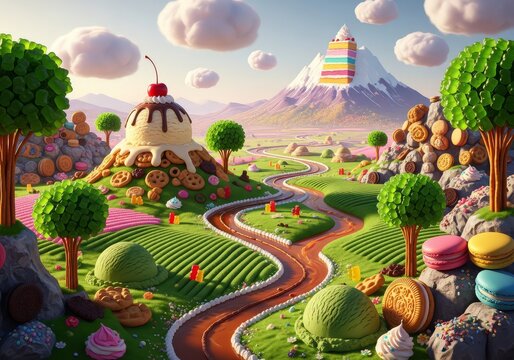 A whimsical candy land with ice cream mountain and cake mountain in a surreal landscape view scene
