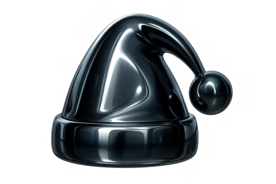 Chrome santa hat in black metallic finish and glossy texture, modern festive holiday season concept on transparent background