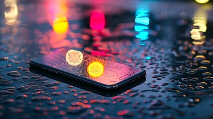 Smartphone in wet environment with colorful bokeh background for technology promotion or