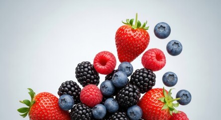 Obraz premium Fresh mixed berries flying in the air including strawberries raspberries and blackberries on grey