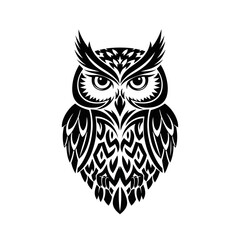 Stylized Black and White Owl Illustration with Intricate Feather Patterns.