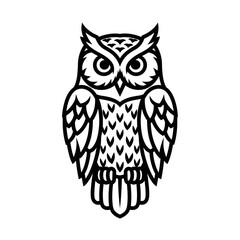 Detailed black and white illustration of an owl with intricate feather patterns.